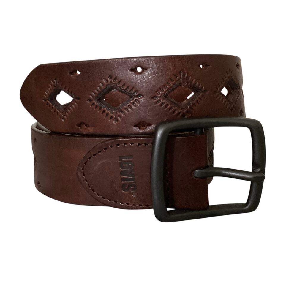 Levi’s Brown Leather Belt Diamond Cutout Geometric Tooled Western Boho Sz M‎